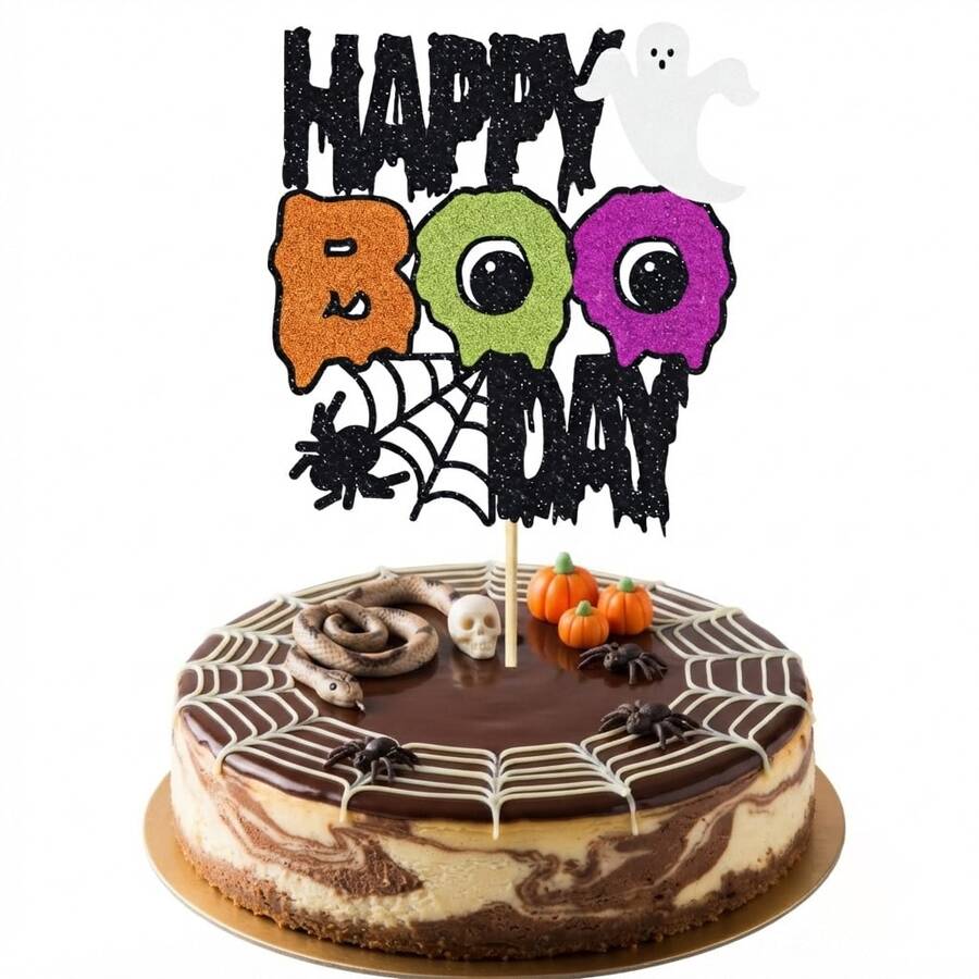 1pc Glitter Happy Boo Day Cake Topper, Halloween Ghost And Spider Web Dessert Decoration, Shiny Spooky Party Supplies, Suitable For Holiday Celebrations - Big Eyes BooDay - View 1