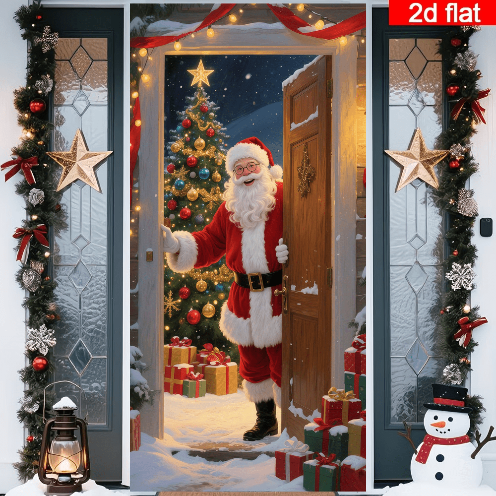Cortina de puerta plana 2D realista de Papá Noel, Papá Noel asomándose desde una puerta de madera, combinada con elementos de árbol de Navidad y caja de regalo, escena acogedora y nevada, poliéster duradero, sin necesidad de energía, adecuada para decoración con tema navideño, se puede usar para decoración de pared interior/exterior, puerta y ventana, decoración de ambiente festivo, hogar, centro comercial, estudio, escena exterior universal, material de poliéster, sin necesidad de energía