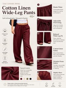Women's Loose Drawstring Waist Wide Leg Pants, Lightweight Breathable Casual Trousers, Summer - Burgundy - View 5