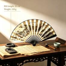 Multiple Styles Vintage Folding Fans, Classic Qingming Shanghe Tu Ink Wash Landscape And Figure Print Folding Fan, Portable Photo Prop For Hanfu, Cosplay And Theme Party Outfits - Multicolor - View 9
