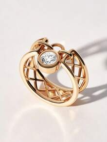 1pc Creative 14K Gold Plated Lock Heart Round Ring, Hollow Geometric Niche Design, Multi-Diamond Ring, Lightweight Luxury Elegant Women's Accessory Gift Jewelry - Yellow - View 4