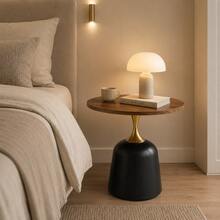 60cm Round Side Table, Living Room Table With Metal Frame, Simple And Modern Tabletop With Walnut Finish, Meeting Table, Unique Round Desk For The Bedroom Or Next To The - 黑色 - 查看 1