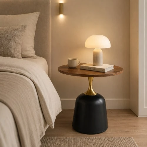 60cm Round Side Table, Living Room Table With Metal Frame, Simple And Modern Tabletop With Walnut Finish, Meeting Table, Unique Round Desk For The Bedroom Or Next To The - 黑色 - 查看 1