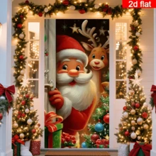 2D Flat Santa Claus & Reindeer Door Curtain, Cartoon Style Santa And Reindeer Peeking From Behind The Door, With Christmas Tree & Gift Elements, Warm Light Background, Durable Polyester, No Power Required, Suitable For Christmas Party Decoration, Can Be Used For Indoor/Outdoor Wall, Door & Window Decoration, Holiday Atmosphere Arrangement, Home, Mall, Studio, Outdoor Scene Universal, Polyester Material, No Power Required - A - View 3