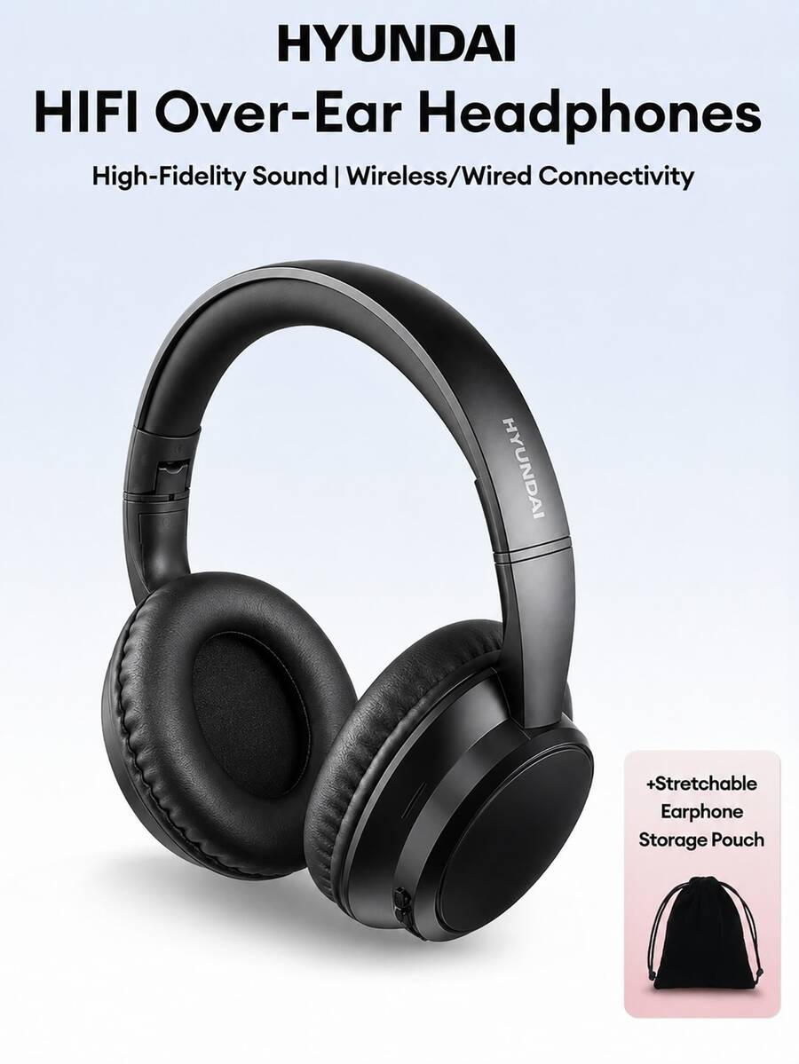 HYUNDAI HY-T02MAX 包耳式藍牙耳機附收納袋，5.4 HIFI 高保真音質、深沉低音、精準降噪、低延遲，適用音樂、運動、遊戲、商務，長效續航，相容手機與平板電腦 - 黑色+收納袋 - 查看 1