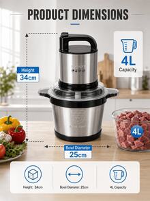 SOKANY 800W 4L Electric Meat Grinder, 220-240V Multifunctional Food Chopper, Stainless Steel Bowl, Dual-Layer 4-Blade, 2-Speed Control, Easy To Clean, Suitable For Meat, Vegetables, Garlic, Home Kitchen - Black - View 8