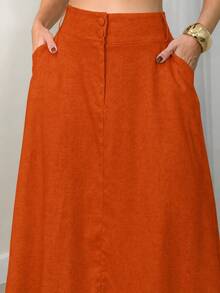 EMILI Women's Midi Skirt In Cotton Knit Fabric With Two-Button Front Closure And Belt Loops - Terracotta - View 3