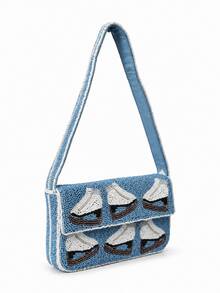 Tidet Ever Women's Light Blue Beaded Shoulder Bag Y2K Retro Mini Flap Handbag Ice Skate Pattern Elegant Winter Evening Bag Suitable For Holiday Daily Party Night Out - Blue - View 3