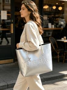 Minimalist Embossed Letter Leather Tote Bag, Large Capacity Commuter Shoulder Handbag With Star Charm, Versatile Women's Bag For School, Work, Daily Outings And Storage - Multicolor - View 8