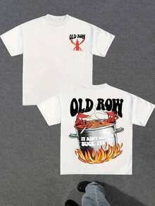 1 Pc Vintage Cotton Men's T-Shirt, Shrimp Print Front And Back, Loose Fit Urban Style, Summer, Summer Are Here! - White - View 9