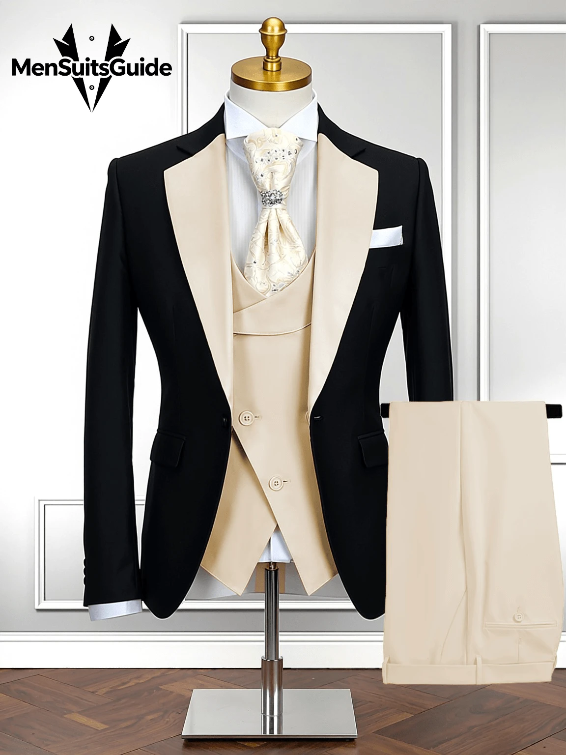 Men's Suits Slim Fit Suit Tuxedo For Men Double Breasted Jacket Vest Pants Business Wedding Party, Formal Occasions, Perfect Gift For Professionals - 黑-香檳色 - 查看 1