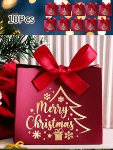 Christmas Mini Gift Paper Bags With Ribbon Bow, Thick Coated Kraft Paper Material, Gold Foil Christmas Pattern, Foldable Handheld Small Bags, Lightweight And Reusable, Multiple Colors Available; Suitable For Gift Giving For Men And Women, Christmas Party Favors, Candy And Jewelry Storage, Holiday Gift Packaging Bags, Christmas Gift Boxes - Multiple Styles - View 11