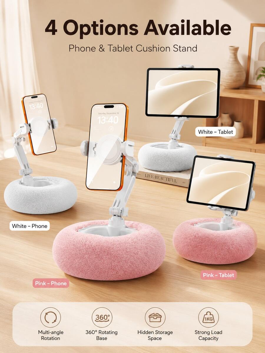 Foldable Pillow Phone Holder With Storage Compartment For Earphones And Charging Cables, 3-Axis Adjustable Mechanical Arm, Suitable For Bed, Sofa, Desk, Office And More