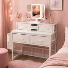 XWWUA Modern Vanity Desk With Mirror And Storage Drawers, Makeup Table With Tri-Folding Mirror, Charging Station, Fabric Drawer Organizer For Bedroom, Dressing Room, Beauty Room, Home Office And Apartment Furniture For Women And Girls - White - View 5