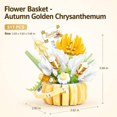 500+ Pieces Modular Storage Flower Basket, Premium Plastic Eternal Building Block Flower Set, Autumn Golden Chrysanthemum & White Daisy Combination, Fresh Healing Yellow & White Color-Block 3D Flower Basket Design, With Decorative Plaque, Handmade Assembly Ornament, Desktop Atmosphere Decor, Valentine's Day & Birthday Gift, Educational Stress Relief Building Toy