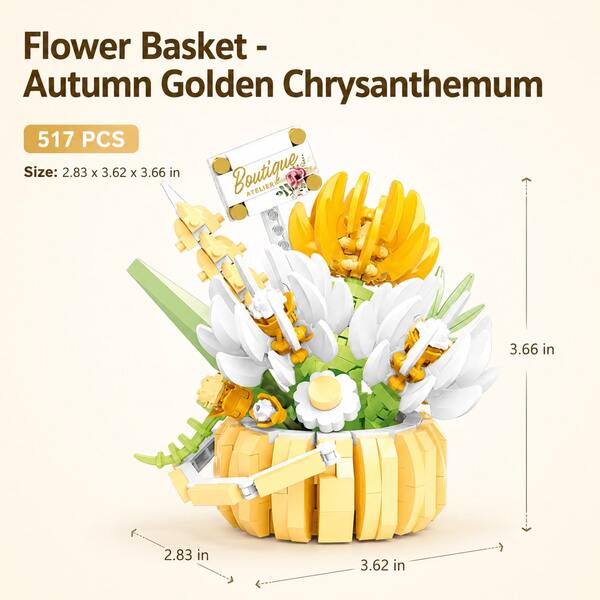 500+ Pieces Modular Storage Flower Basket, Premium Plastic Eternal Building Block Flower Set, Autumn Golden Chrysanthemum & White Daisy Combination, Fresh Healing Yellow & White Color-Block 3D Flower Basket Design, With Decorative Plaque, Handmade Assembly Ornament, Desktop Atmosphere Decor, Valentine's Day & Birthday Gift, Educational Stress Relief Building Toy