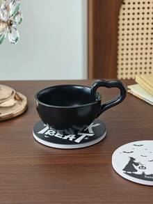 1 set Tatakan Gelas Keramik Cetak Monokrom & Mug Kopi Gagang Hati Hitam Matte, Alas Meja Tahan Panas dan Air, Melindungi Meja Kayu, Cocok untuk Penggunaan Kopi dan Teh Sehari-hari di Dapur Rumah dan Meja Kafe - MultiWarna - View 4