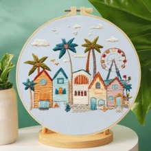 Handmade DIY Embroidery Kit Set, 20*20cm(7.9*7.9in), Seaside Vacation Theme, Comes With Embroidery Frame. Ideal For Adults & Beginners. Printed Pattern Fabric, Needles, Threads & Instruction Manual. Perfect Home Decor & Gift For Family And Friends - CXP2224 - View 15