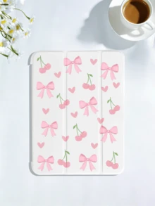 Bow & Cherry Pattern Tablet Protective Case, Compatible With IPad 7/8/9/10/Pro 11/11(A16) 2025, Galaxy Tab S6 Lite/Galaxy Tab A11+ 2025, Soft Shockproof Protection, Supports Smart Stand/Auto Wake/Sleep Function. (White) - White - View 3