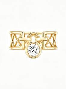 1pc Creative 14K Gold Plated Lock Heart Round Ring, Hollow Geometric Niche Design, Multi-Diamond Ring, Lightweight Luxury Elegant Women's Accessory Gift Jewelry - Yellow - View 5