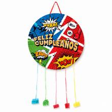 Piñata Redonda de Cumpleaños Estilo Superheroe Cómic 43x43cm con Cintas para Tirar – Diseño Colorido, Sin Relleno - Ver 1