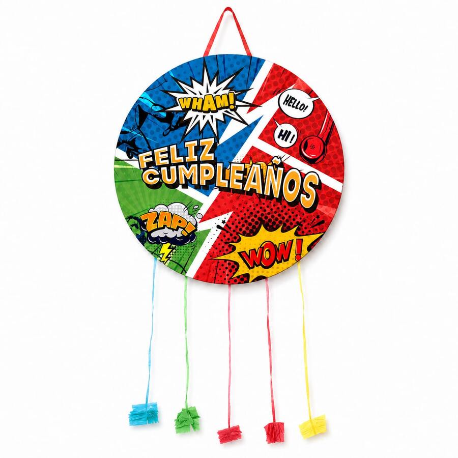 Piñata Redonda de Cumpleaños Estilo Superheroe Cómic 43x43cm con Cintas para Tirar – Diseño Colorido, Sin Relleno - Ver 1