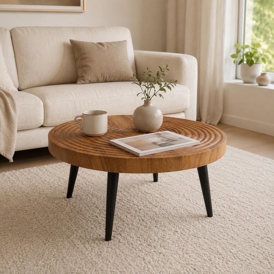 Round Coffee Table Brown Wood - Side Table Brown Color - Walnut - View 1