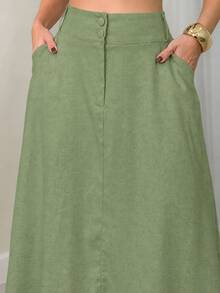 EMILI Women's Midi Skirt In Cotton Knit Fabric With Two-Button Front Closure And Belt Loops - Green - View 3