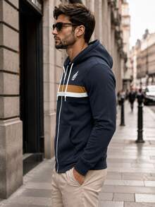 Men's Casual Zip-Up Hooded Sweatshirt Street Style Fashion Colorblock Striped Hooded Jacket Long Sleeve Top With Pockets - Multicolor - View 3
