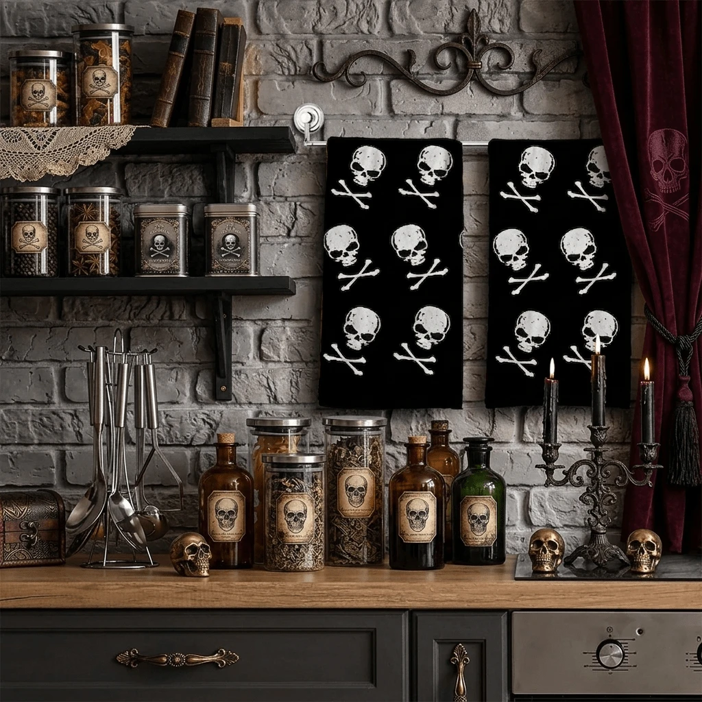 2/4/48pcs Halloween Series Repeating Skull & Crossbones Pattern Printed Kitchen Towels - Ultra Soft, Highly Absorbent Polyester Dish Cloths & Hand Towels, Perfect For Holiday Decor, Kitchen Decor, Party Decor