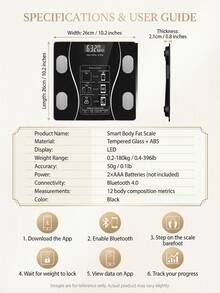 Báscula inteligente de grasa corporal, báscula digital de peso con pantalla LED retroiluminada y vidrio templado duradero, tamaño compacto, alta precisión, fácil de usar, calibración automática, 12 mediciones clave - Ver 4