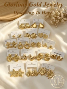 24/18/12pcs Premium 304 Stainless Steel Earrings, Elegant Women's Earring Set, Includes Gold Heart, Oval, Triangle Stripe And Various Geometric Shape Studs, Multiple Styles, Hypoallergenic Earring Set, Versatile And Elegant, Perfect Gift Choice For Female Friends On Holidays. (24/18/12pcs Randomly Shipped) - Gold Multi-element - View 3