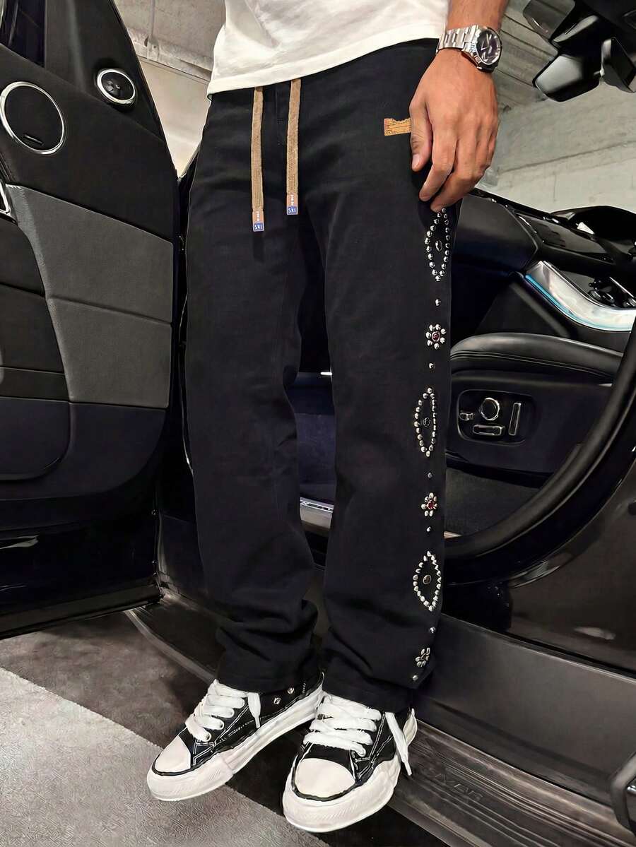 European & American Street Style Heavy Rhinestone & Beaded Side Embellished Red Crystal Decor Straight Leg Jeans, Versatile Luxury Style Long Pants With Elastic Waistband - Black - View 1