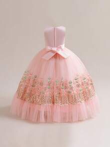 Tween Girls Faux Pearl Contrast Color Embroidered Mesh Elegant Party Dress, Headband Not Included - Pink - View 4