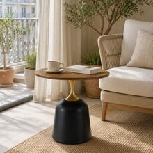 60cm Round Side Table, Living Room Table With Metal Frame, Simple And Modern Tabletop With Walnut Finish, Meeting Table, Unique Round Desk For The Bedroom Or Next To The - 黑色 - 查看 7