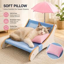 Elevated Wooden Cat Bed With Breathable Mesh, Summer Cat Lounge Chair With Sunshade And Soft Pillow, Cool Indoor Pet Hammock - Cadet Blue - View 2