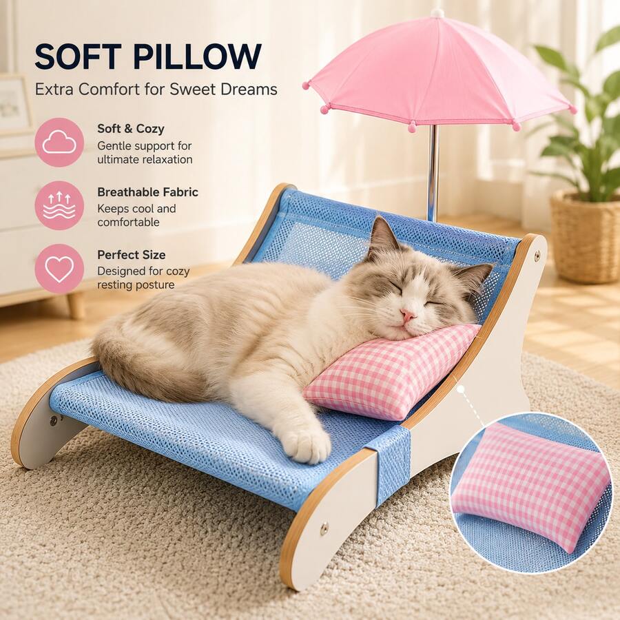 Elevated Wooden Cat Bed With Breathable Mesh, Summer Cat Lounge Chair With Sunshade And Soft Pillow, Cool Indoor Pet Hammock