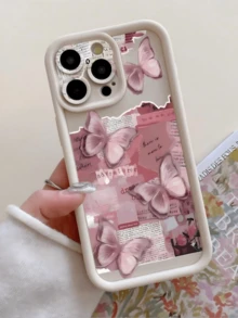 1pc Butterfly Newspaper Fragment Pattern With Fine Hole Design Camera Protection Anti-Fall Thickened Off-White Phone Case Compatible With Iphone 11 Pro Max/12 Pro Max/13 Pro Max/14 Pro Max/15 Pro Max/16 Plus/16 Pro Max/17 Pro Max Air - White - View 8