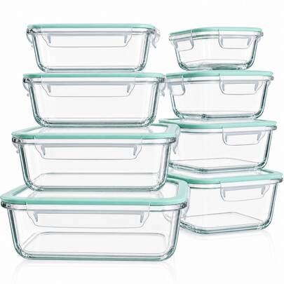 GHQ 16Sealed Glass Food Storage Containers, Picnic Boxes, Microwave & Oven  - Perfect For Salads, Fruits, Vegetables, And Sandwiches, Lunch Boxes | Sealed Storage | Durable Glass, Food Storage Containers (8 Lids + 8 Containers)