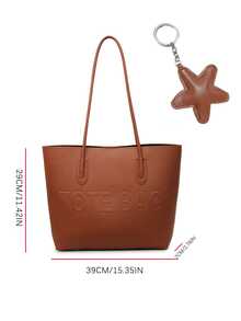 Minimalist Embossed Letter Leather Tote Bag, Large Capacity Commuter Shoulder Handbag With Star Charm, Versatile Women's Bag For School, Work, Daily Outings And Storage - Multicolor - View 12