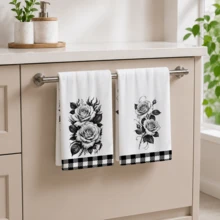 2pcs Vintage Black & White Rose Floral Theme Bathroom Towels, Suitable For Bathroom Cleaning, Home Cooking, BBQ, Bathroom Cleaning, Outdoor Activities And Tea Party Decor Home Supplies - Multicolor - View 10