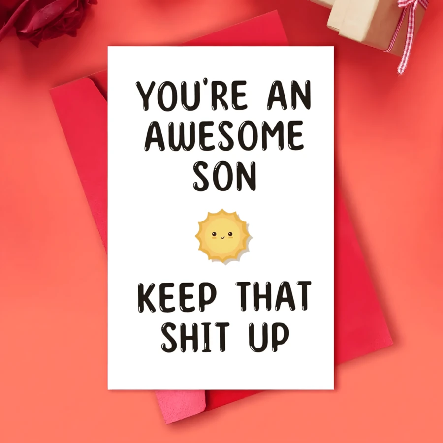 Funny Son Greeting Card, You're An Awesome Son Keep That Up Humorous Note Card With Cute Sun Pattern, Unique Birthday Graduation Encouragement Gift For Adult Son From Mom Dad, Blank Inside Stationery Card With Red Envelope For All Occasions - Greeting Cards for Children - View 1