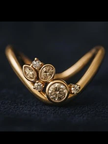 1pc Fashion 14K Gold Plated V-Shaped Multi-Diamond Ring, Geometric Vintage Bezel-Set Micro-Pave Curved Band, Luxury Niche Design Jewelry Gift For Women And Men - Yellow - View 6
