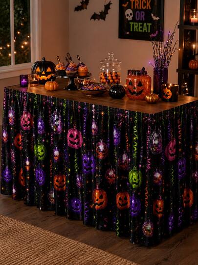 1pc Black Background Colorful Mirror Ball Pumpkin Halloween Table Skirt, Neon Colorful Ribbon Starry Hanging Decor Printed Pleated Tablecloth, Suitable For Candy Table, Dessert Table, Party Bar And Holiday Decoration