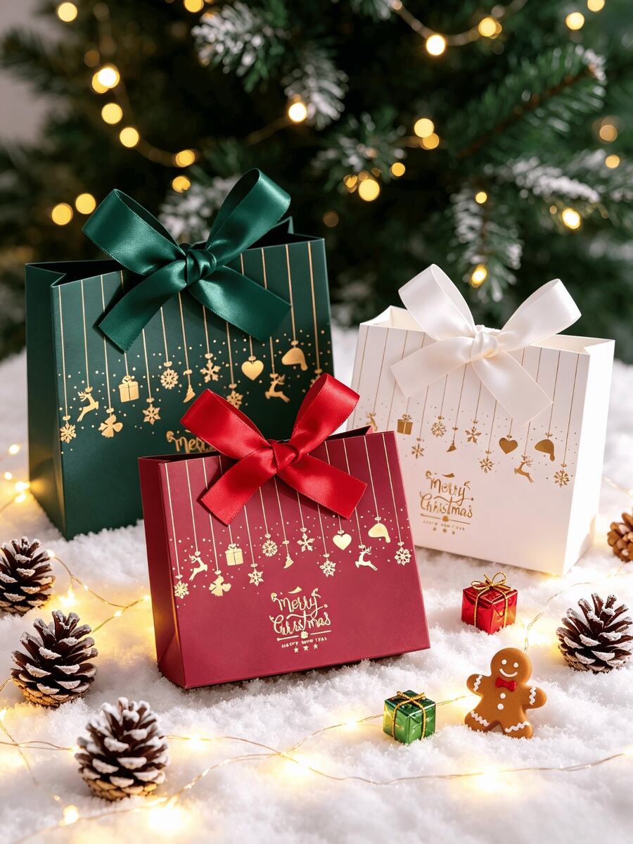 Christmas Mini Gift Paper Bags With Ribbon Bow, Thick Coated Kraft Paper Material, Gold Foil Christmas Pattern, Foldable Handheld Small Bags, Lightweight And Reusable, Multiple Colors Available; Suitable For Gift Giving For Men And Women, Christmas Party Favors, Candy And Jewelry Storage, Holiday Gift Packaging Bags, Christmas Gift Boxes - Multiple Styles - View 1