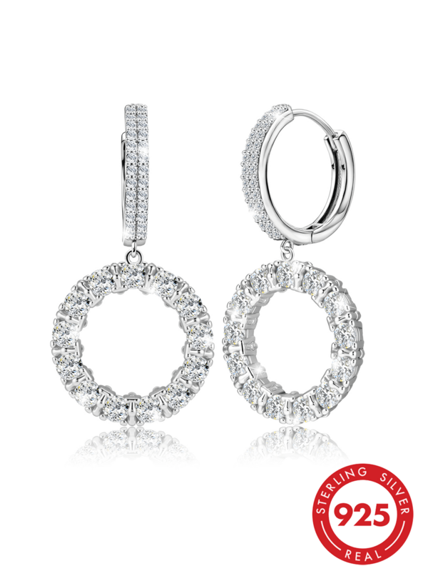 Pendientes de plata de ley S925 original, exquisitos y únicos con colgante de círculo geométrico para mujer, incrustados con circonita cúbica sintética brillante, elegantes y de moda, adecuados para uso diario, hermoso regalo de joyería para mujer, empaque anti-oxidación