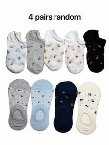 4 Pairs Random Spring/Summer Ditsy Floral Women's Invisible Socks, Casual Home Gathering Gift - Multicolor - View 8