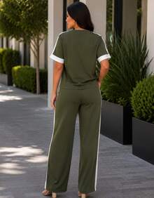 Women's Wide-Leg Pants And Short Sleeve Top Set Summer - 軍綠色 - 查看 4