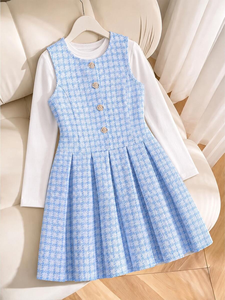 Abito estivo elegante da ragazza con motivo a quadri, senza maniche, plissettato, stile college, senza fodera interna, maglietta - blu polveroso - Visualizzare 1
