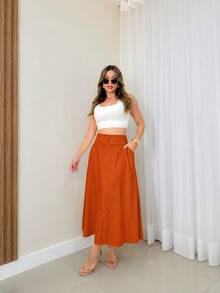 EMILI Women's Midi Skirt In Cotton Knit Fabric With Two-Button Front Closure And Belt Loops - Terracotta - View 2